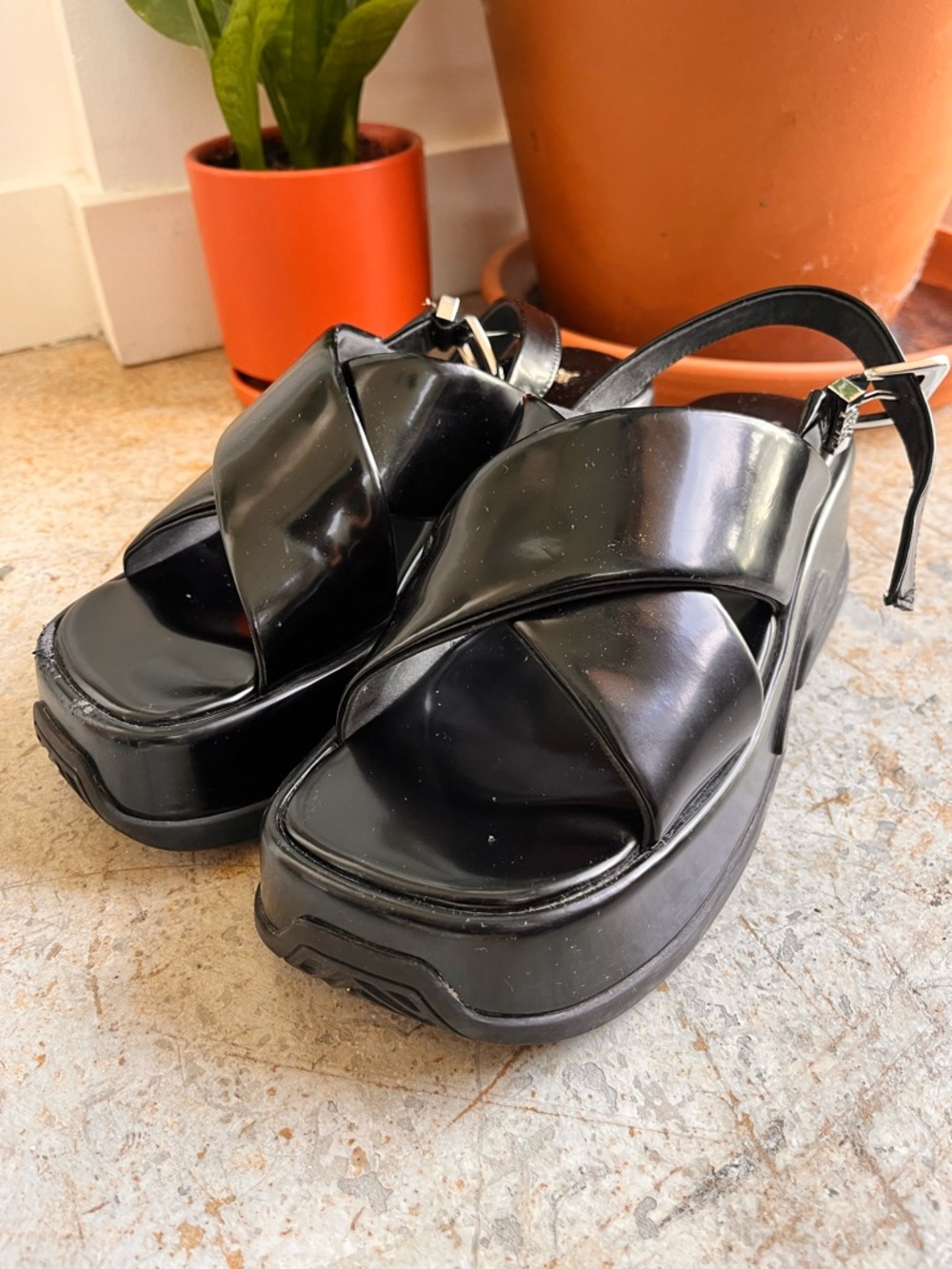 Charles & Keith Black Patent Platform Slingback Sandals